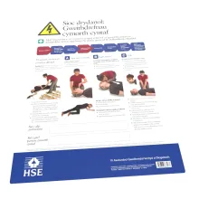 An image of the Electric shock: first aid procedures poster, written in welsh.